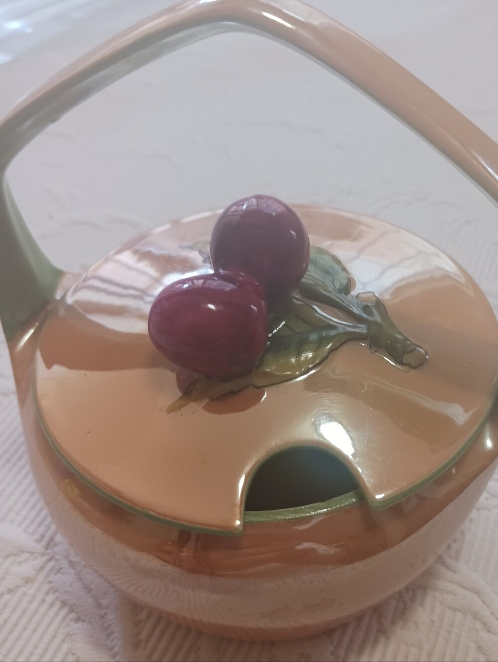 Ceramic Covered Sugar Or Sweet  Jam Jar with Cherry Knob - Peach Luster Finish.